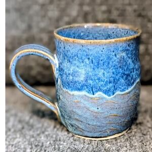 Signed Blue Waves Hand Thrown Pottery Coffee Mug